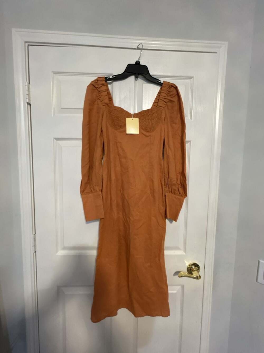 Charlie Holiday Orange Smocked Puff Sleeve Midi Dress